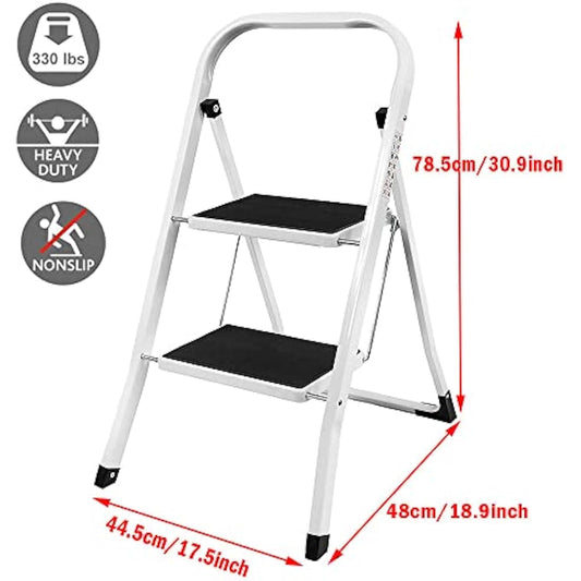 2 Step Ladder Portable Folding 2 Step Stool Heavy Duty Steel Ladder with Hand Rail and Anti-Slip Wide Pedal, Lightweight Stepladder for Home and Kitchen Use, 330lbs Capacity