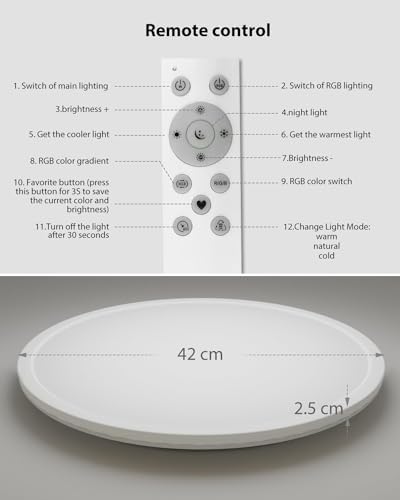 Peasur 42cm LED Ceiling Light 3000-6000K Large, 32W 4000LM Bathroom Light Dimmable with Remote Control, RGB Color Changing Backlight, Big Flush Round Ceiling Lights for Living Room Bedroom Kitchen