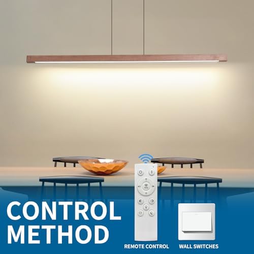 Mikeru Walnut Pendant Light, 100cm Dimmable Hanging Ceiling Lighting 10% to 100% Remote Control Wood Chandelier 3000K/4500K/6500K Modern Kitchen Island Lights for Living Room, Conference Room