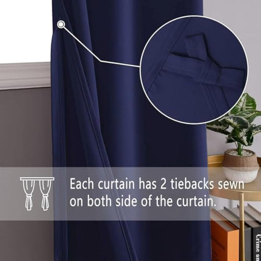DWCN Navy Blue Blackout Curtains with Tiebacks for Bedroom Thermal Insulated Solid Eyelet Curtains for Living Room,2 Panels,66" Wide x 72" Drop