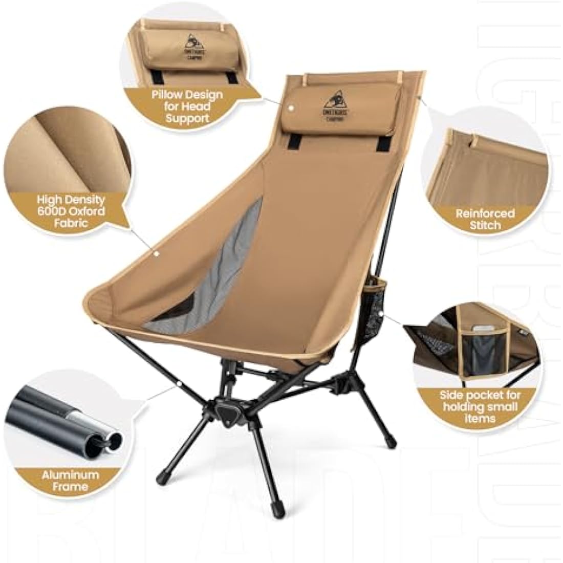 OneTigris Tigerblade High Back Camping Chair with Pillow Design, Comfortable Widened Seat Folding Chair