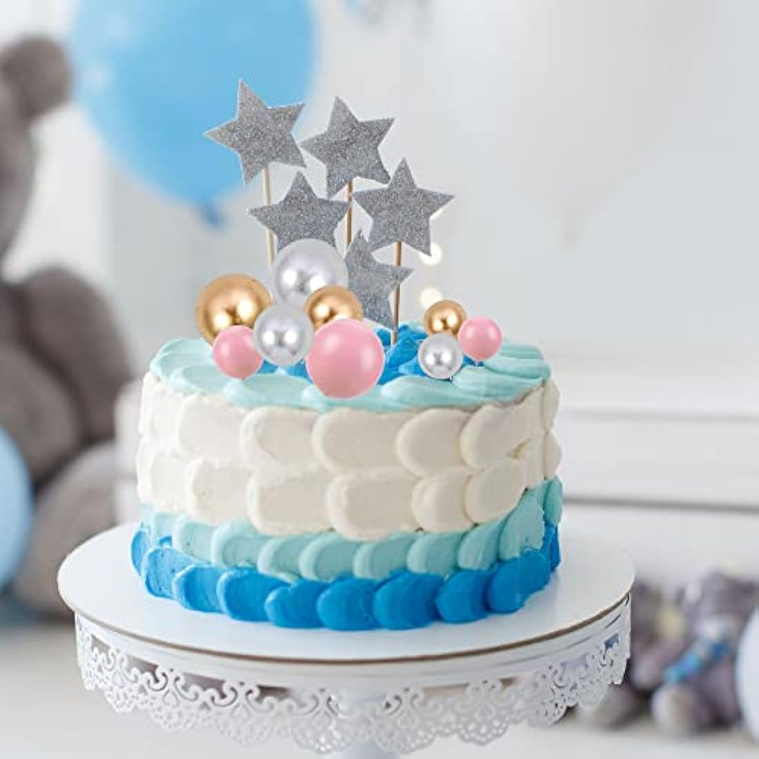 Gyufise 30Pcs Balls Cake Topper Foam Ball Cake Picks Mini Balloon DIY Cake Insert Topper Decoration for Baby Shower Wedding Anniversary Kids Birthday Party Cake Decorations Gold Silver Pink