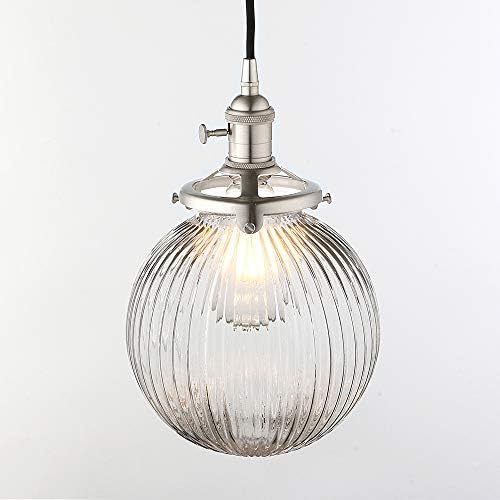Yosoan Vintage Edison Switch Pendant Light Fiting with Ribbed Globe Glass Shade, Industrial Pendant Light Fitting Chandelier for Kitchen Dining Room Bedroom Restaurant (Brushed)