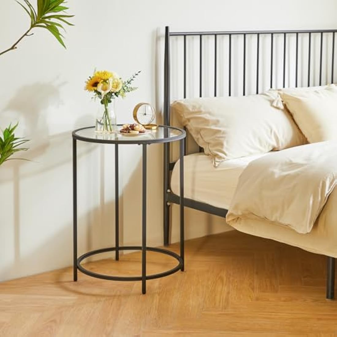 YMYNY Round Side Table, 2 Tier Accent Table, Tempered Glass End Table, Small Coffee Table, Sofa Table, Bedside Table, Modern Style, for Living Room, Bedroom, Balcony 50×50×65CM Black HGD020B