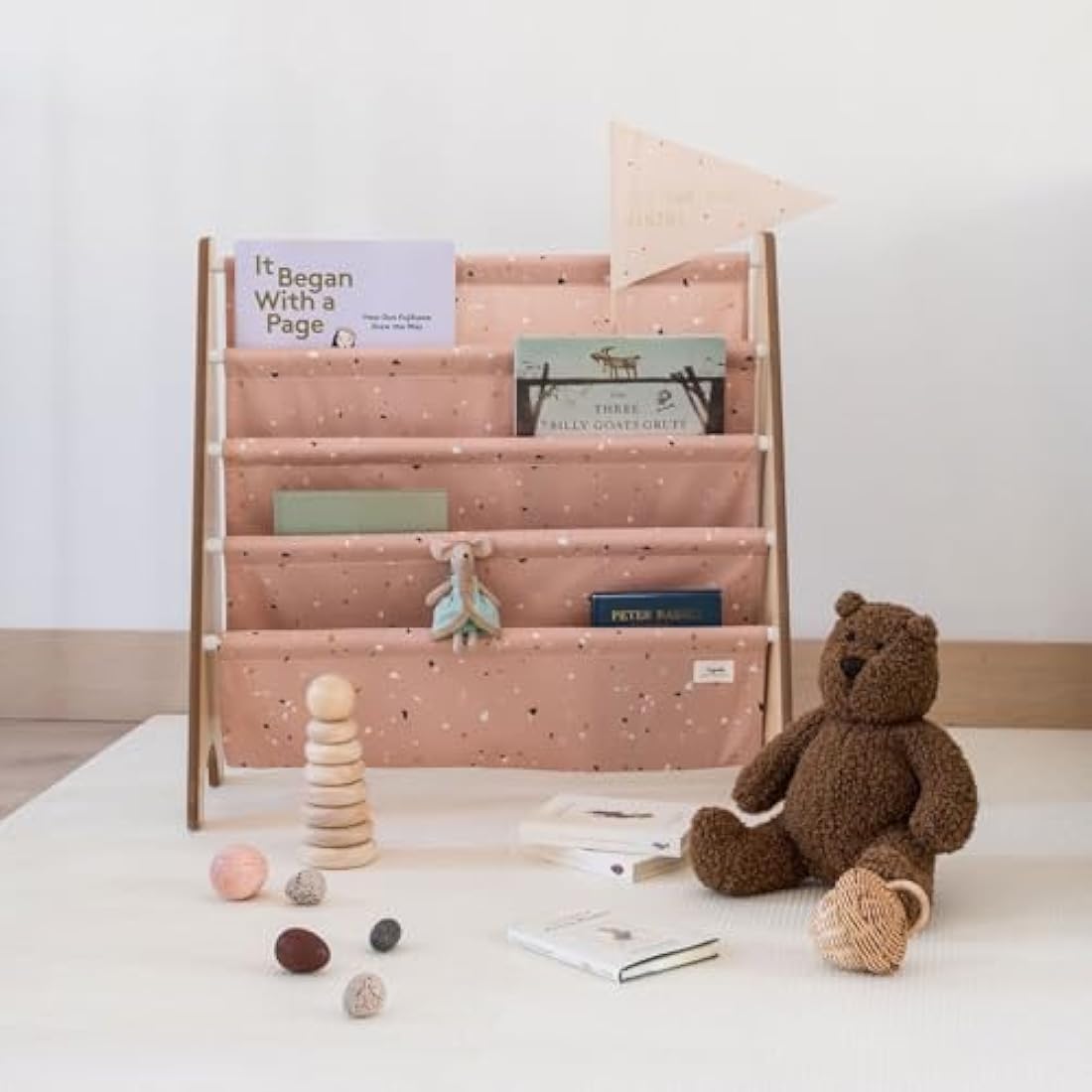 3 Sprouts Recycled Fabric Kids Bookshelf β 4-Tier Sling Book Rack Storage - Kids Room Book Shelves, Nursery, Playroom, Classroom - Bookcase Display Shelf for Toddler, Children Age 3+ - Terrazzo Clay