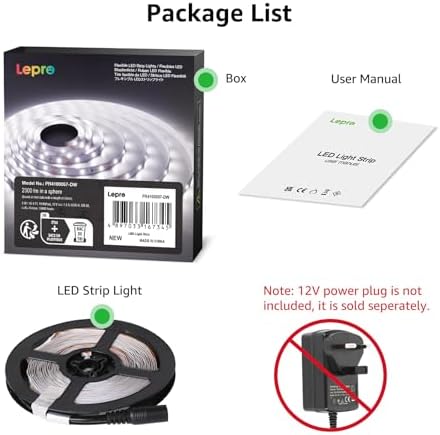Lepro 5M LED Strip Lights, Cool White 6000K, 300 LEDs, 2300lm Bright Daylight LED Tape for Kitchen Cabinet Bar Van TV Mirror and More (12V Power Supply Not Included)