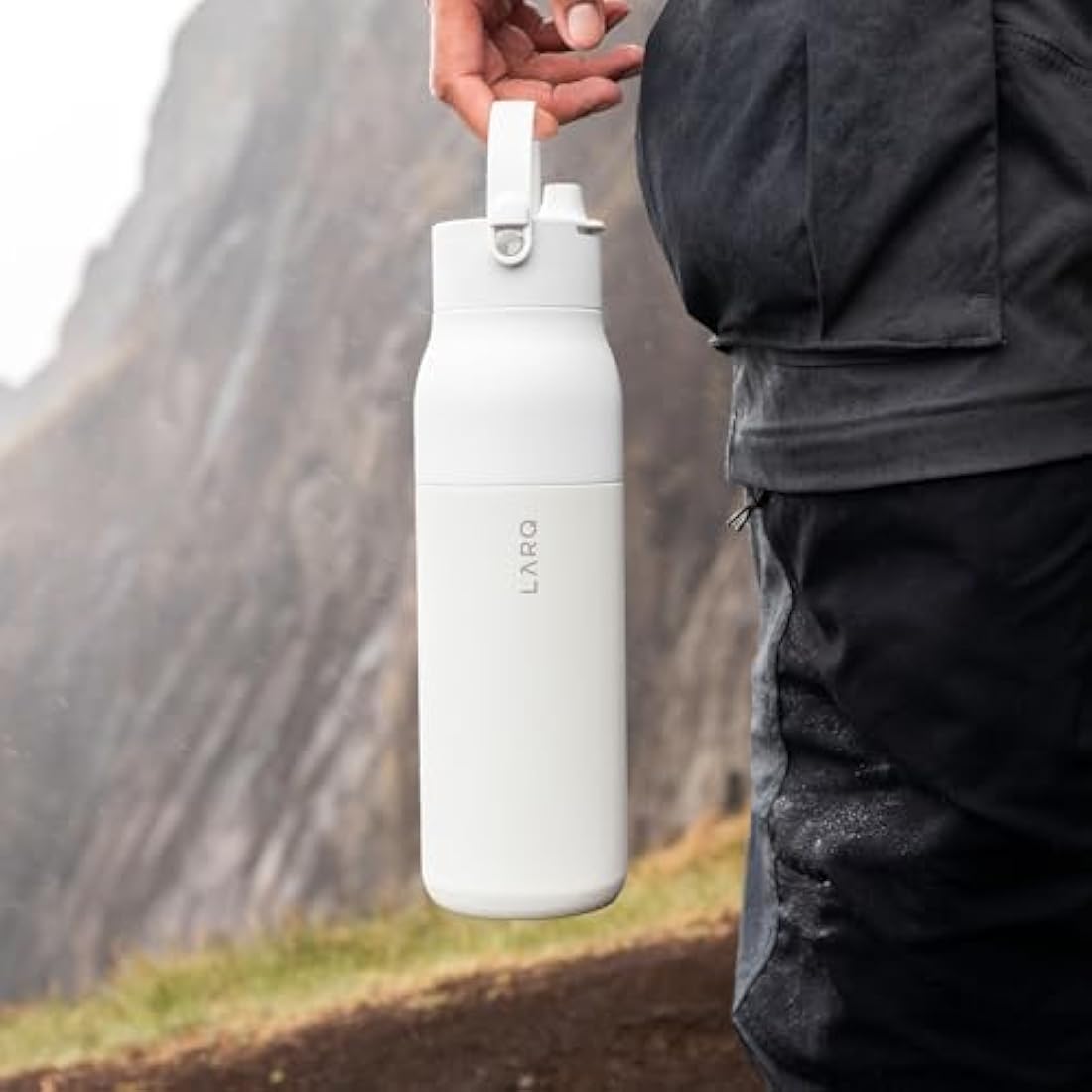 LARQ Bottle Swig Top 23oz - Insulated Stainless Steel Water Bottle with Built-in Silicone Handle | Thermos, BPA Free | Reusable Water Bottle for Sports, Gym, and Travel, Granite White