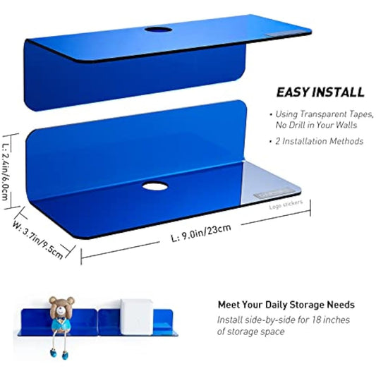 OAPRIRE Acrylic Floating Wall Shelves Set of 2, Damage-Free Expand Wall Space, Small Wall Shelf for Smart Speaker, Action Figures, Monitor with Cable Clips, Stick on, No Drill (Blue)