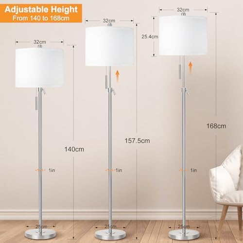 Floor Lamp,Floor Lamps for Living Room,Silver Modern Standing Lamp with Lampshade,3 Colors Temperature,Height Adjustable,Standard Lamps for Living Room Bedroom Office(9W Bulb Included)