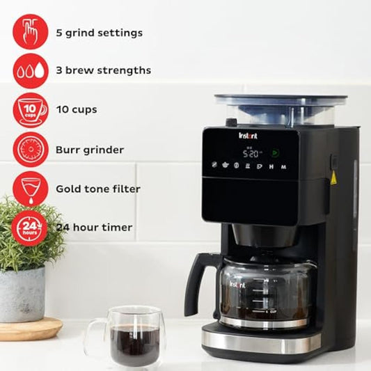 Instant Grind and Brew Bean to Cup Coffee Maker, 24 Hour Programmable Filter Coffee Machine, Reusable Filter, Glass Carafe, Digital Display - 4-10 cup Customisable Brewing & Automatic Bean Grinder