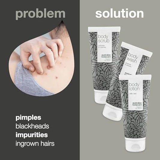 3 products for spots, acne and blackheads on the back and bottom from Australian Bodycare |Tea Tree Oil specially suited to prevent skin problems on your back and bottom