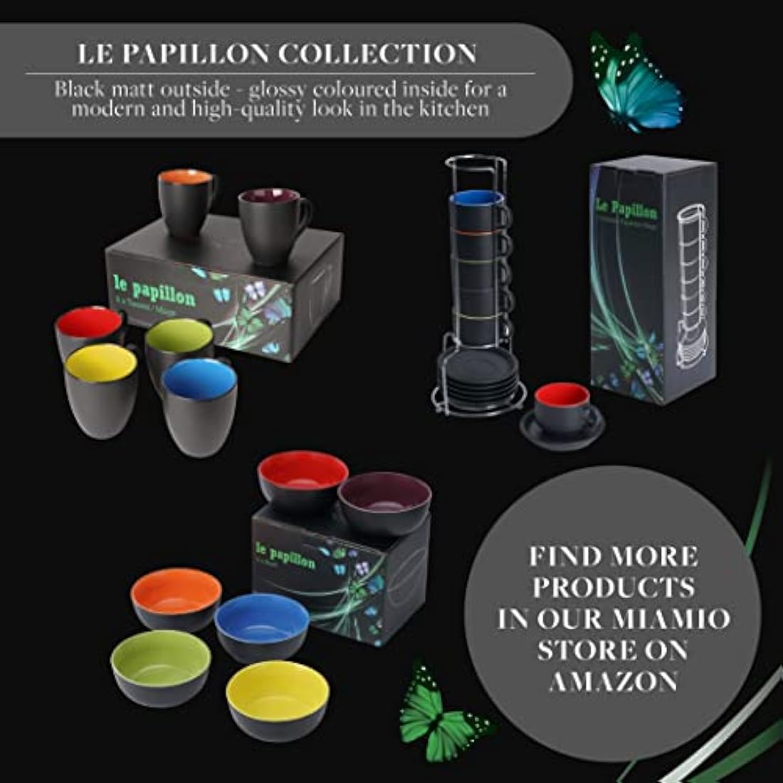 MIAMIO - 6 x 350 ml Stoneware Coffee Mug/Cup Set - Le Papillon Collection (Mixed)