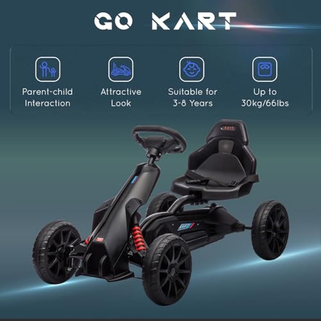 HOMCOM Children Pedal Go Kart, Kids Ride On Racer with Adjustable Seat, Swing Axle, Shock Absorption EVA Tyres, Handbrake, for Ages 3-8 Years, Black