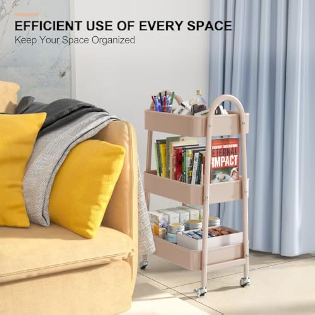3 Tier Utility Rolling Cart, EAGMAK Metal Storage Cart with Handle and Lockable Wheels, Multifunctional Storage Organizer Trolley with Mesh Baskets for Kitchen, Living Room, Office, Garage (Beige)
