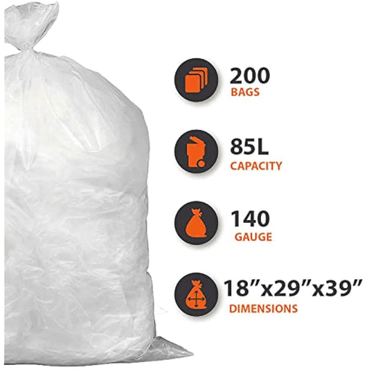 200 Large Strong Clear Bin Bags (18 x 29 x 39 Inches) - Plastic Recycling Bin Liners - 140 Gauge Trash Bags for Rubbish, Waste, Refuse & Dustbin Sacks - 85 Liters