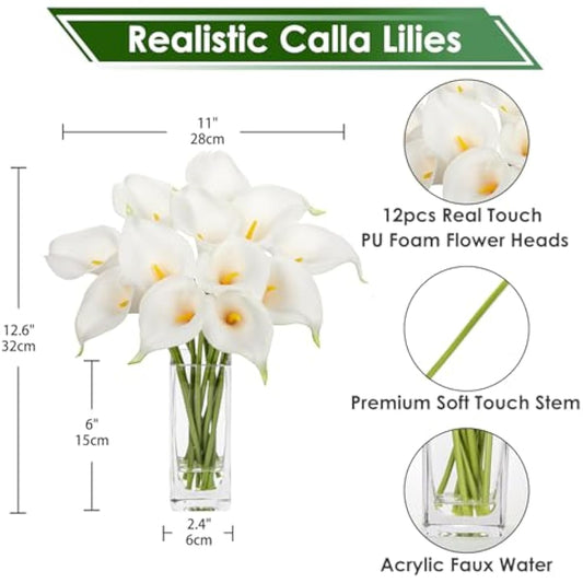 Hollyone 12 pcs Artificial Calla Lilies with Glass Vase Realistic Fake Flowers, Real Touch White Faux Flowers in Vase for Home, Living Room, Wedding, Centerpiece, Office, Party Decorations