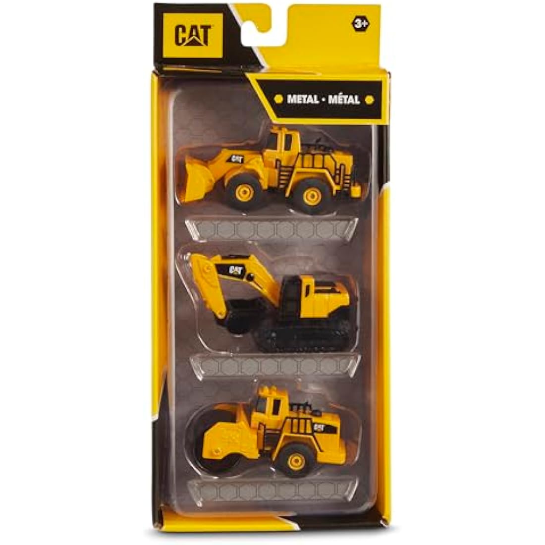 CAT Construction Toys, Die Cast Metal 3 Pack Vehicles - Wheel Loader, Excavator & Steam Roller Toy Set with Moving Parts, Push-Powered, Heavy-Duty Metal, Kids Ages 3 +