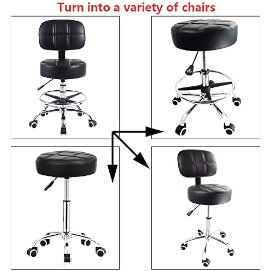 KKTONER Swivel Round Rolling Stool PU Leather with Adjustable Foot Rest, Height Adjustable Task Work Drafting Chair with Back (Black)
