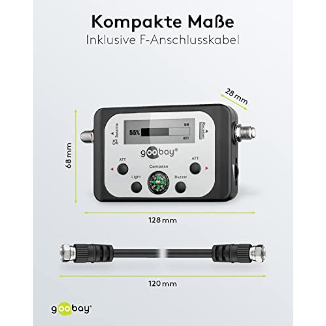 Goobay 67140 Digitaler Satelliten Finder LCD-Anzeige mit Kompass und Ton inkl. F-Anschlusskabel, schwarz