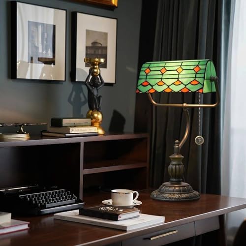 Blivuself Tiffany Style Green Banker Desk Lamp Red Stained Glass Lamps Vintage Bedroom Bedside Study Zipper Pull Chain Retro Office Adjustable Nightstand Aesthetic Antique Accent Reading Desk Light