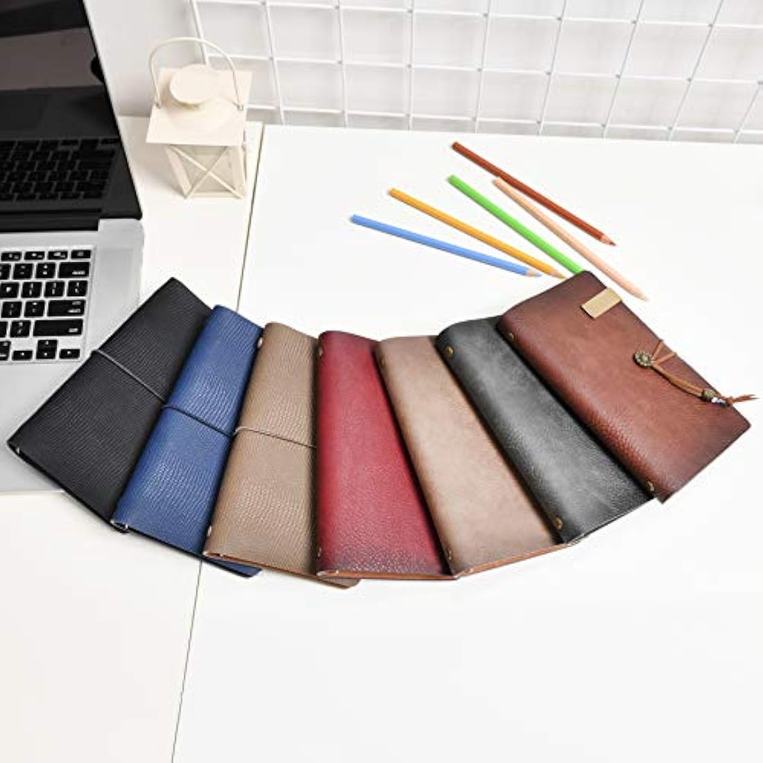 WONDERPOOL A6 Leather Diary Lined Paper Notebook & Pen - Refillable 6 Ring Binder Writing Spiral journal for Office Travel Work and Plan Agenda(a-Coffee, A6)