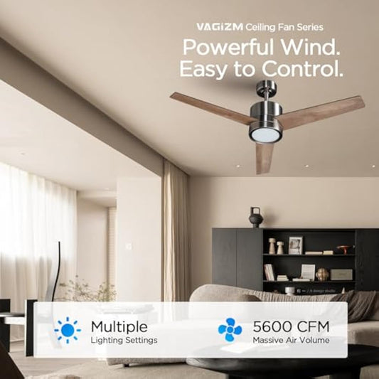 Vagizm Ceiling Fan with Light for Bedroom: 52 inch Silent Ceiling Fans with dimmable Light - Remote Control - Reversible DC Motor - Walnut - 3 Blades - Suitable for Living Room Indoor Outdoor