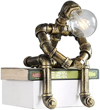 Kaj Hejmo Water Pipe Table Lamp Robot Style- Retro Industrial Steampunk Rustic Table Light- Vintage Farmhouse Desk Lamp for Bedroom,Office, Bedside, Nightstand, Baror or Shop (Bronze-Style C)