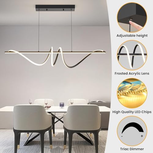 Mikeru 120CM Black Modern Pendant Light, Simple Spiral Dining Light Fixture with Remote Control, Hanging Lights with 1.5m Adjustable Cords for Dining Room Kitchen Island Living Room Restaurant Office