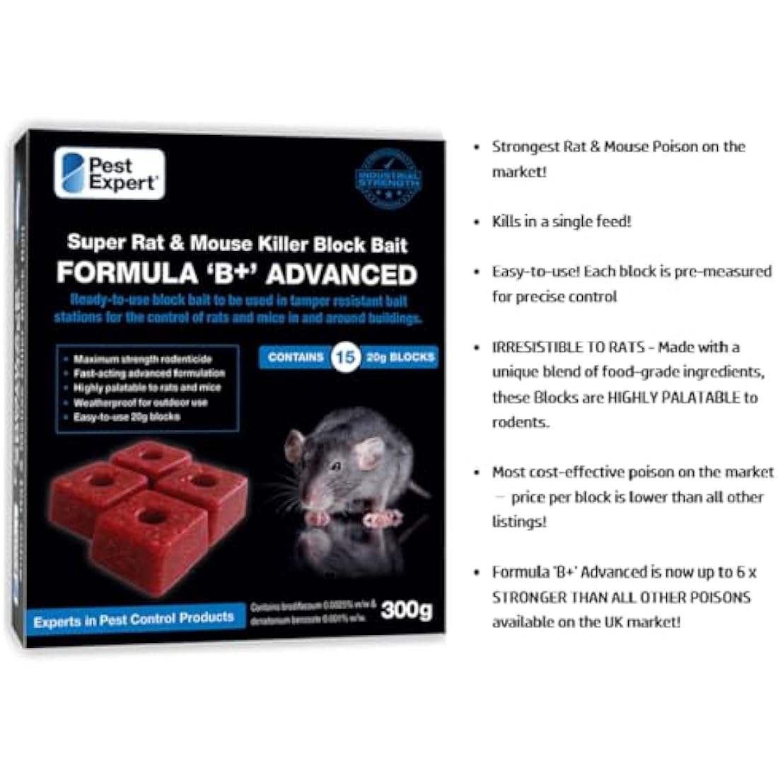 Pest Expert Advanced Rat & Mouse Poisoning Bait Blocks (1.2kg) Strongest Super Strength Rat Poison, Fast-Acting Single Feed Rodent Killer (4 x 300g - 60 Bait Blocks)