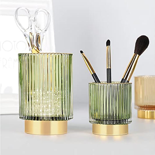 DASITON Makeup Brush Holder Organiser, Crystal Cosmetic Make Up Brush Holder, Glass Makeup Brushes Storage Organiser, Vintage Make Up Cup Pen Pencil Holder Striped Vase (Green S+L)