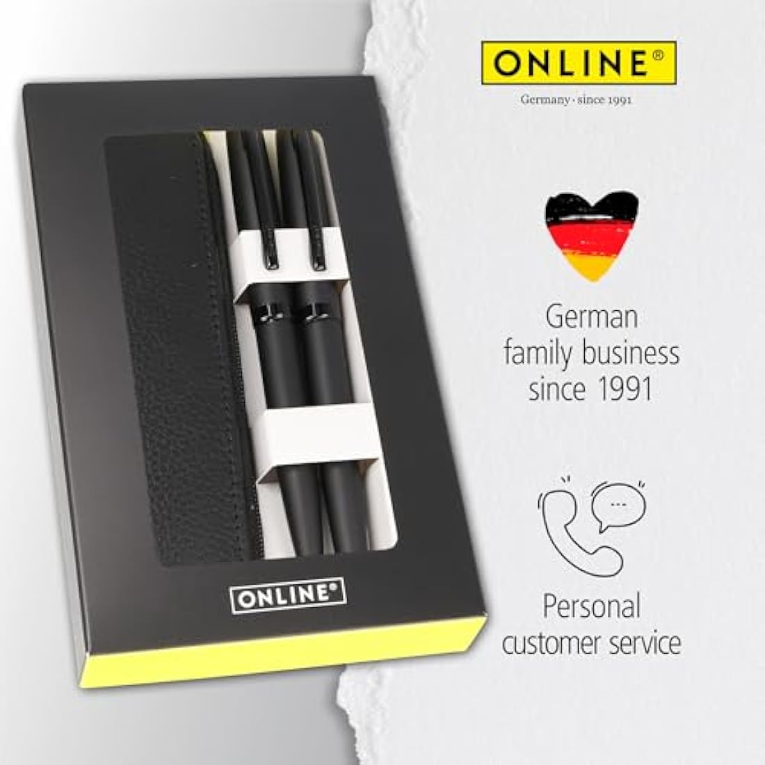 Online Set Eleganza Fountain Pen & Ballpen & Leather Case I Colour: Black I Nib Size M I Metal Clip I Retractable Biro I Fountain-Pen for Standard Ink Cartridges Or Converter I In Gift Box