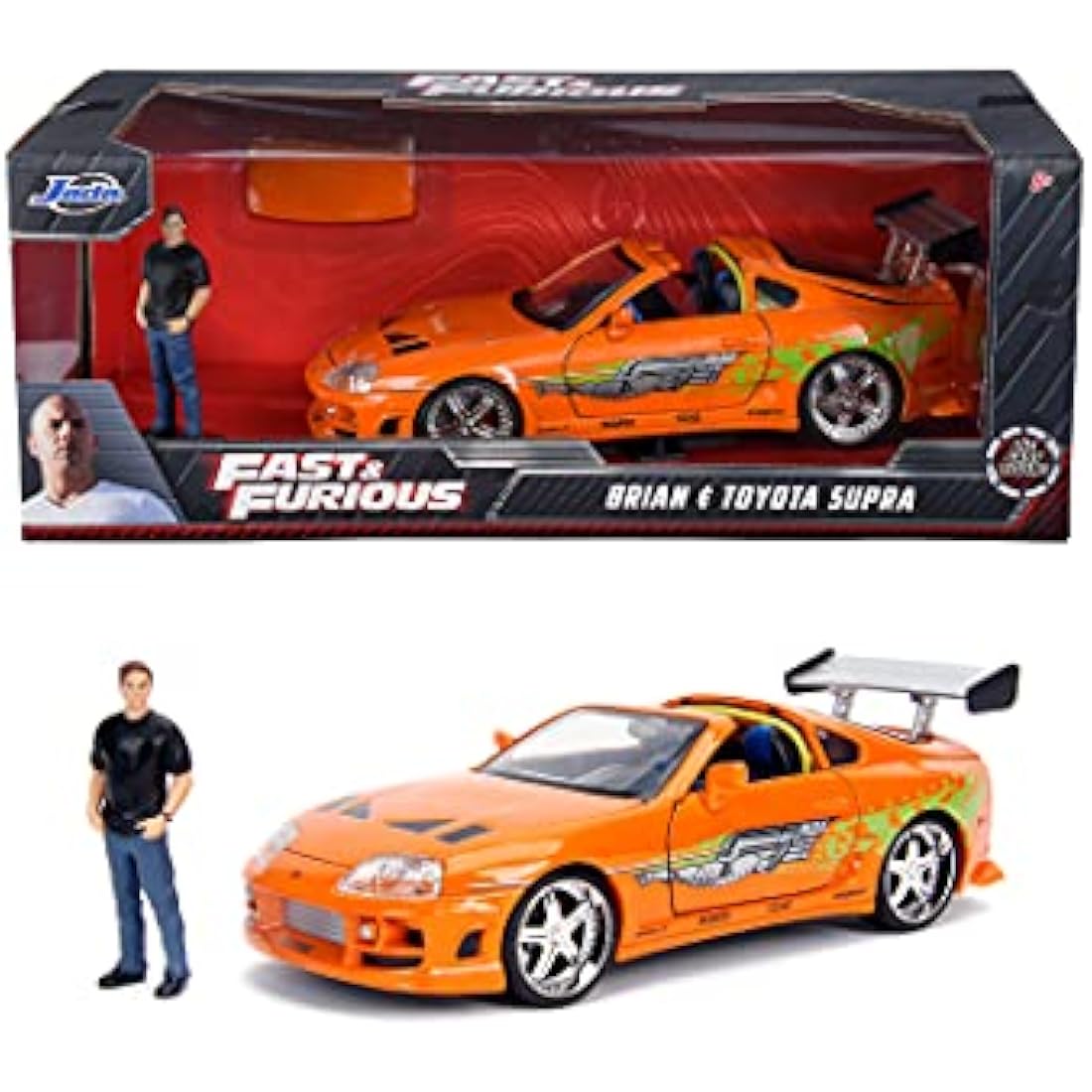 Jada Toys - Fast and Furious Model Car Toyota Supra & Brian - Car Model 1995 Toyota Supra Mk4 1:24 Orange with Brian O'Conner Figure, Vehicle with Spoiler, Opening Parts & Removable Roof