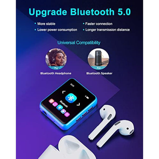32GB MP3 Player with Bluetooth 5.0, Portable HiFi Lossless Sound MP3 Music Player and FM Radio, Voice Recorder, E-Book, Pedometer, 2.4 Inch Full Touch Screen Sports MP3 Player, Maximum Support 128GB