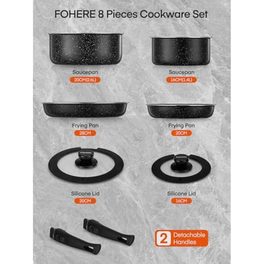 FOHERE Pots and Pans Set Nonstick, 8 Piece, with 2 Detachable Handles and 2 Lids, Induction Kitchen Cookware Set for All Stoves, Oven Safe, Saucepan and Frying Pan, RV Cookware, Aluminum