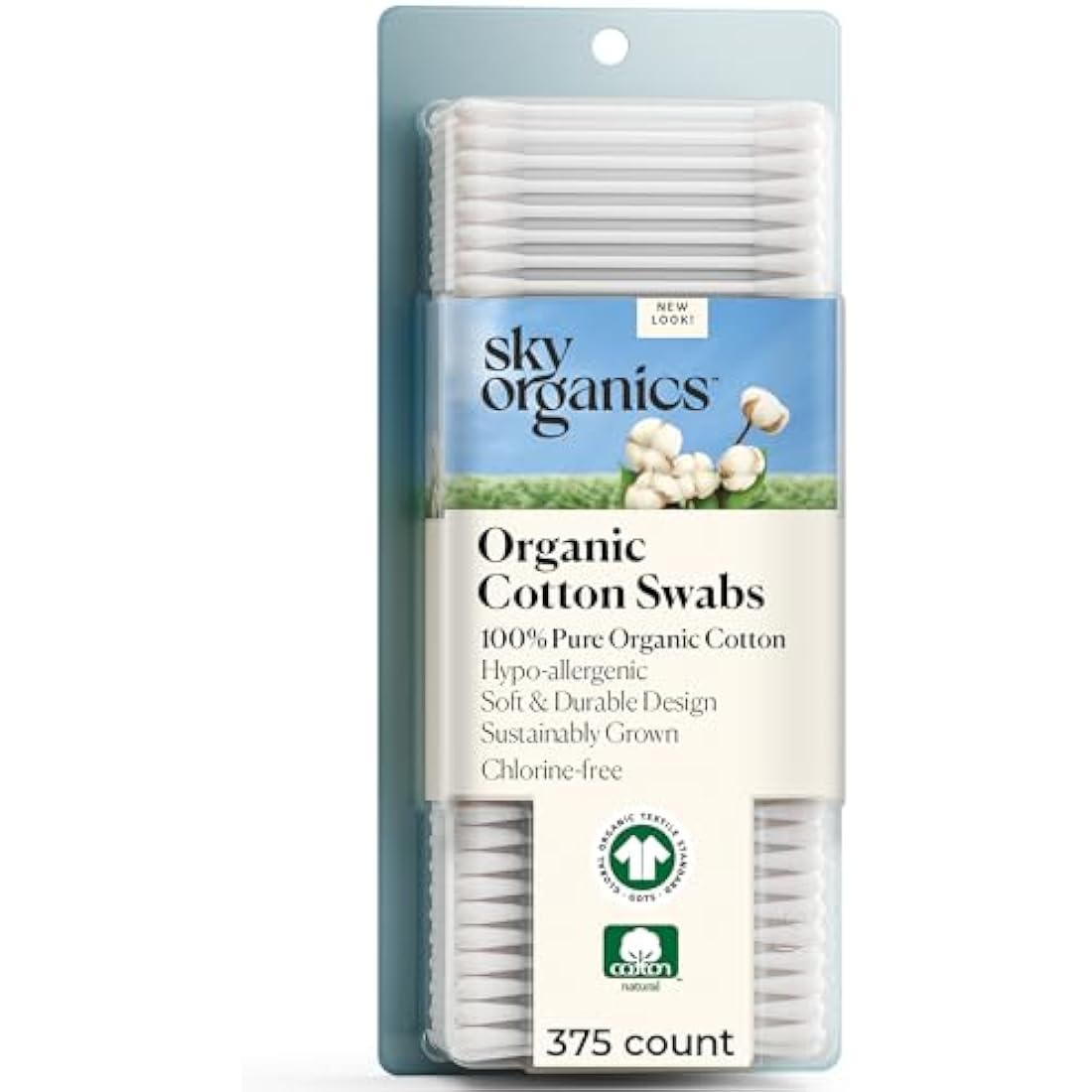 Sky Organics Organic Cotton Swabs for Sensitive Skin, 100% Pure GOTS Certified Organic for Beauty & Personal Care, 375 ct.