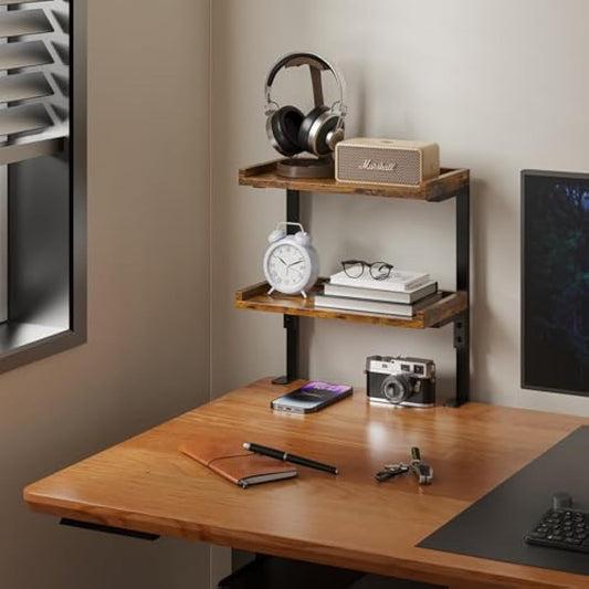 THYGIFTREE Clamp On Desk Shelf 2-Tier, Wood Shelving Unit for Office Gaming Accessories, Tabletop Book Storage Rack, Shelf for Top of Desk, Brown