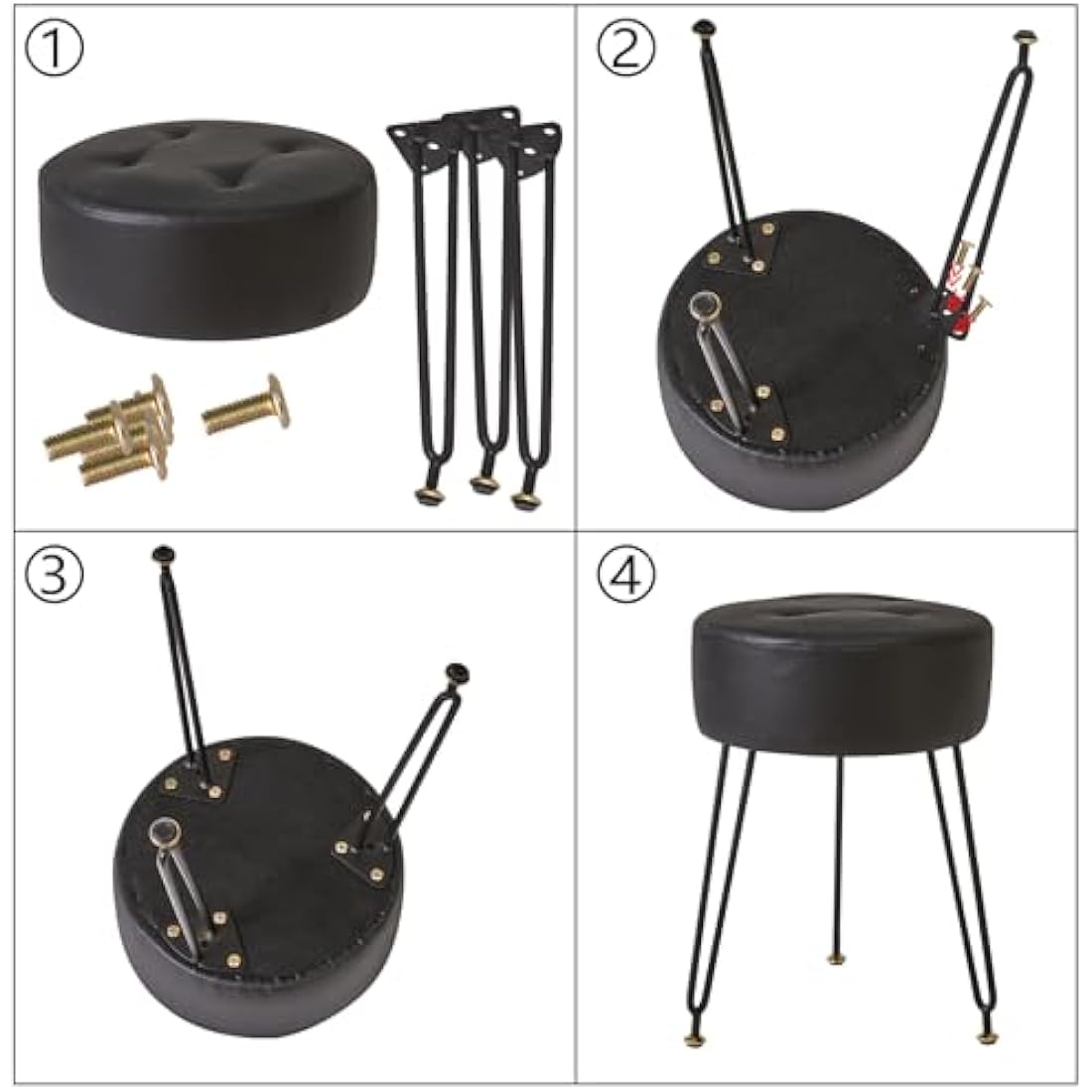 IBUYKE Faux Leather Round Footrest Stool, Makeup Vanity Stool Side Table, PU Dressing Table Seat, Pouf Couch Stool, Golden Steel Legs, Black L/G-31B