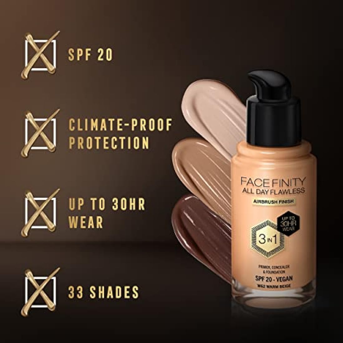 Max Factor Facefinity 3-in-1 All Day Flawless Liquid Foundation, SPF 20 - 62 Warm Beige, 30 ml