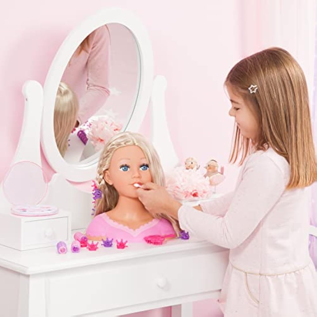 Bayer Charlene Super Model 27cm Doll Head for Hair Styling & Accessories - Styling Head with Brush, Comb, Clips & Curlers - Kids Hairdressing Play Set with Cosmetic Palette & Stickers (Ages 3+)