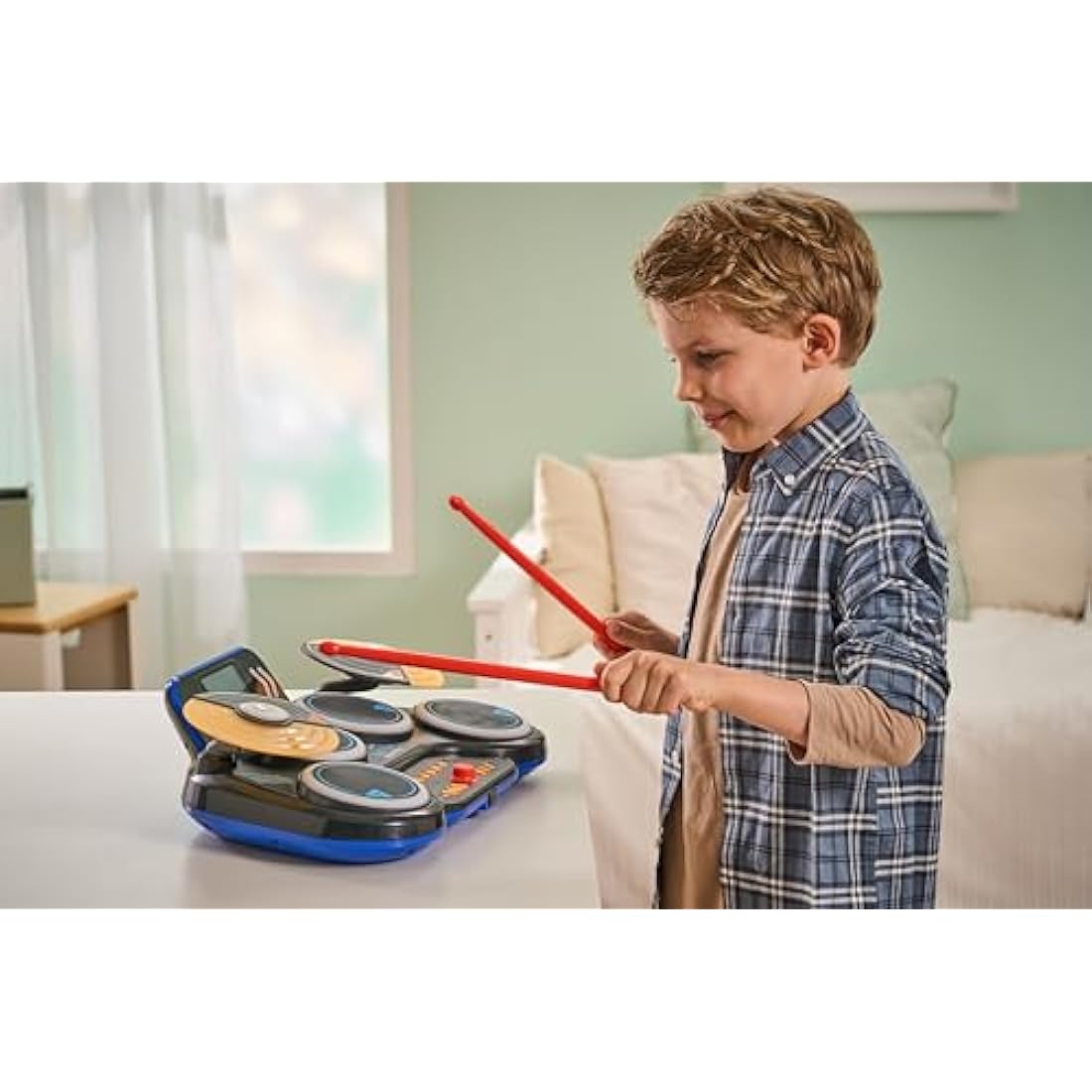 VTech Kidi DJ Drums, Light-up Electronic Drum Kit for Kids, with 4 Drums, 2 Cymbals, Drum Sticks, Bluetooth, Coach Mode and More, Music Toy for Ages 5, 6, 7Plus Years, English Version