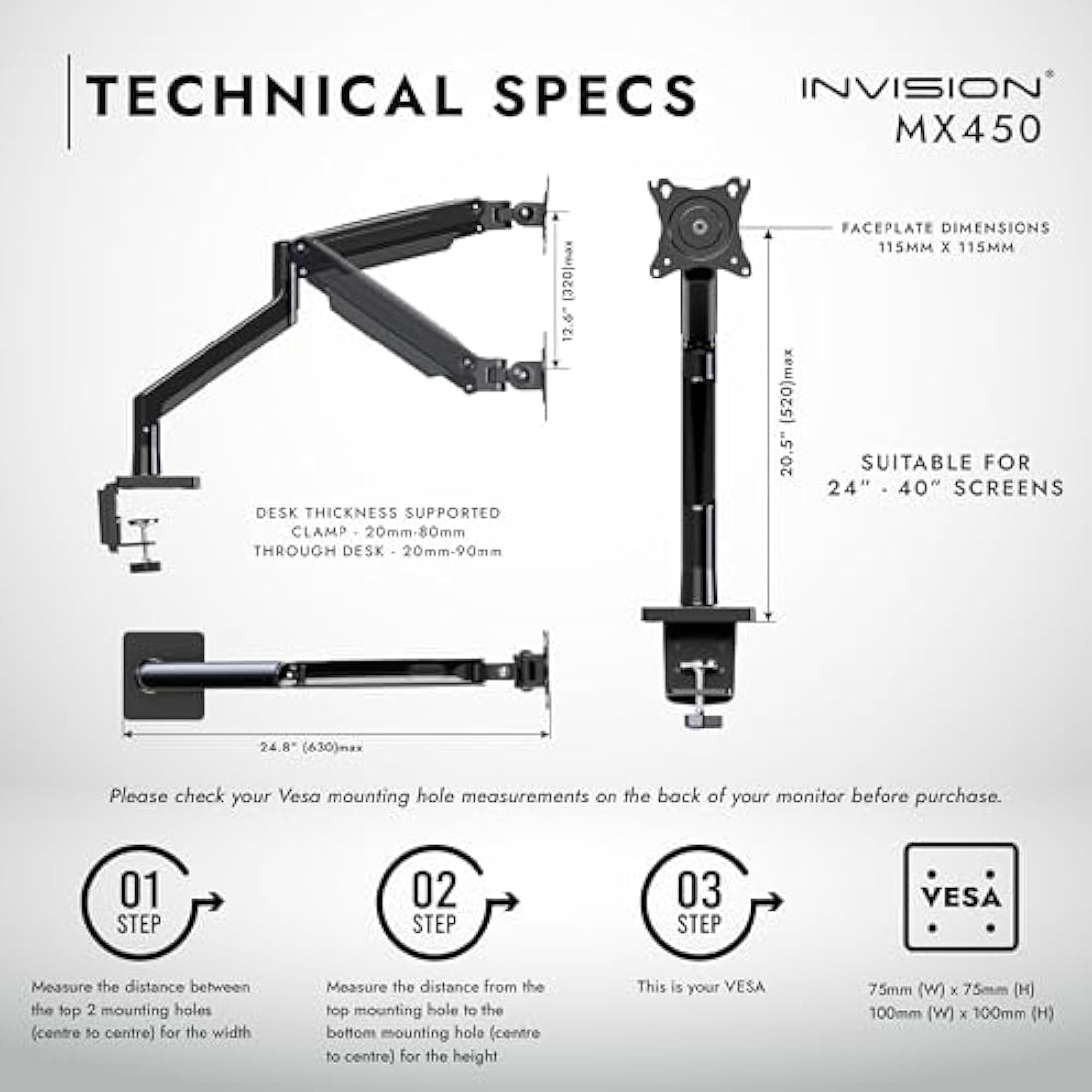 Invision Monitor Arm Bracket Mount for 24-40 Inch Screens VESA 75-100mm Ergonomic Height Adjustable Desktop Clamp Tilts Extends 2-15kg (MX450)