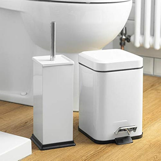 Harbour Housewares Bathroom Bin & Brush Set - White - 2pc Square Stainless Steel Pedal Bin & Toilet Brush Set Slim Small Trashcan for Kitchen Waste, Bathroom Rubbish