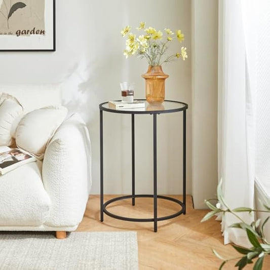 YMYNY Round Side Table, 2 Tier Accent Table, Tempered Glass End Table, Small Coffee Table, Sofa Table, Bedside Table, Modern Style, for Living Room, Bedroom, Balcony 50×50×65CM Black HGD020B