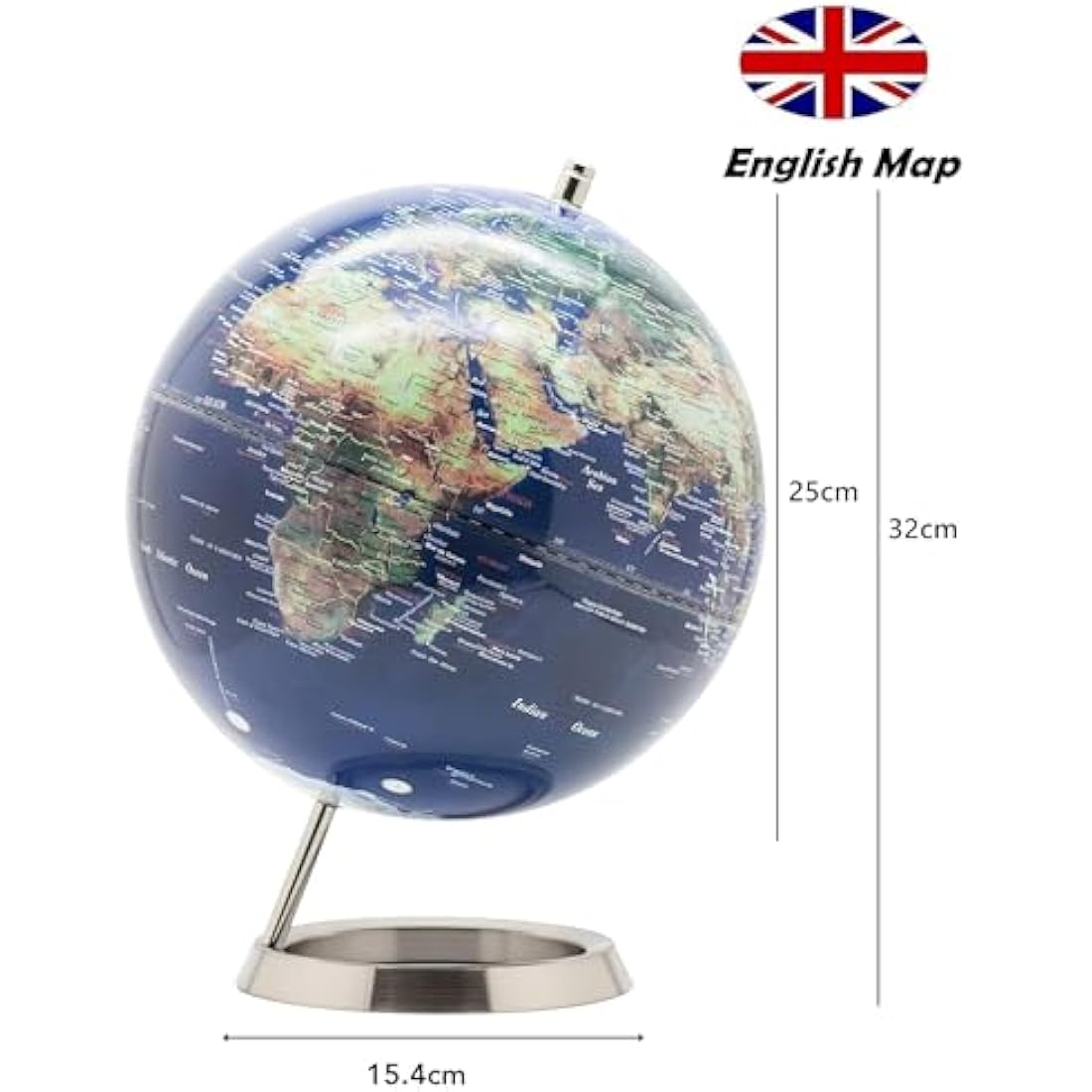 EXERZ 25cm World Globe - Stainless Steel Ring Standing - Globe of Earth - Metallic Colour Navy Blue