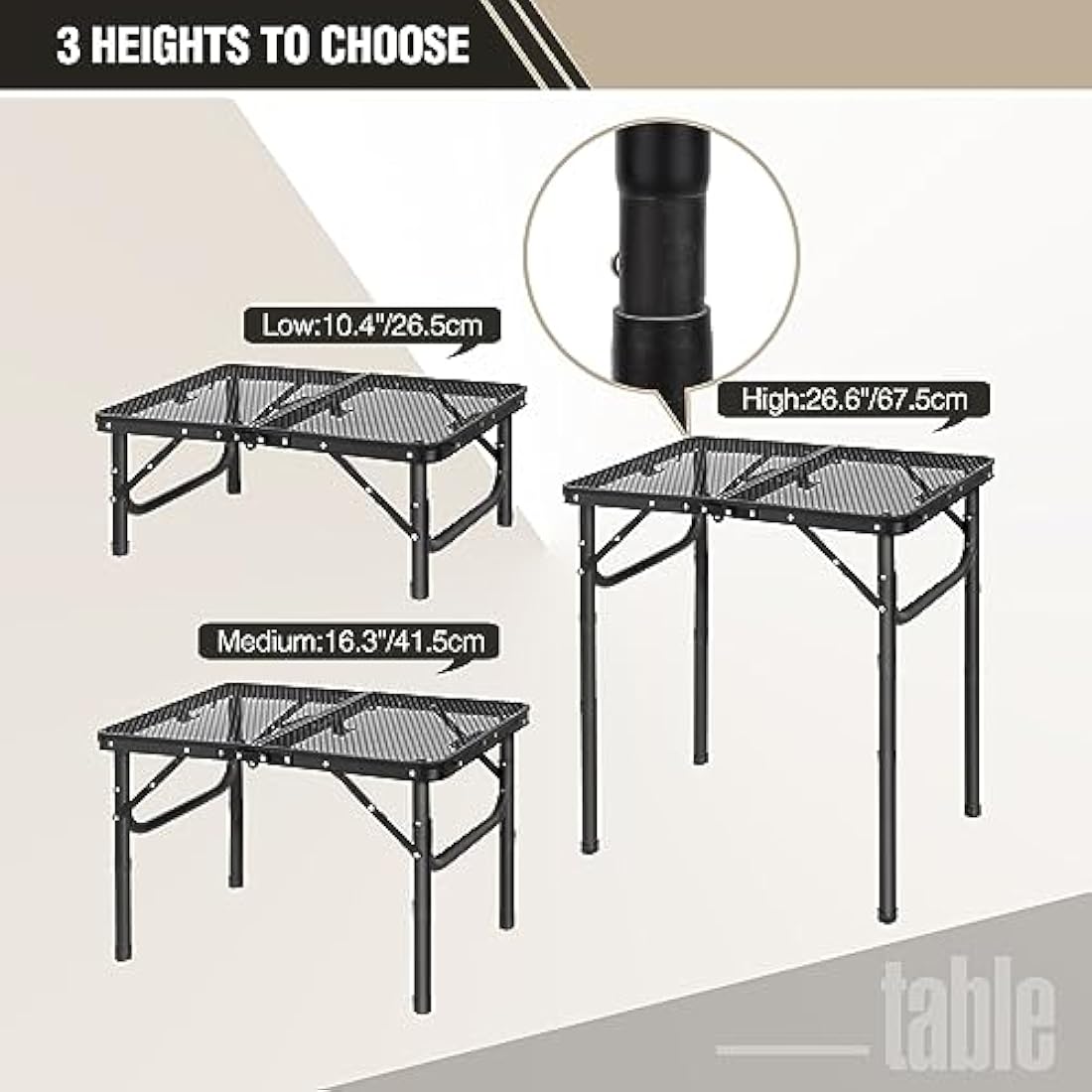 REDCAMP 2ft Folding Camping Table for Outside, Lightweight Aluminum Portable Folding Table for Cooking BBQ,Metal Grill BBQ Table Easy to Assemble with Adjustable Heights Legs,Black 60cm x 40cm