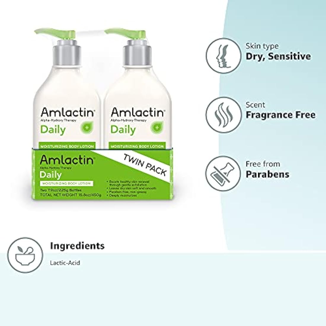 AmLactin Daily Moisturizing Body Lotion Twin Pack, (2) 7.9 Ounce Bottles, Paraben Free