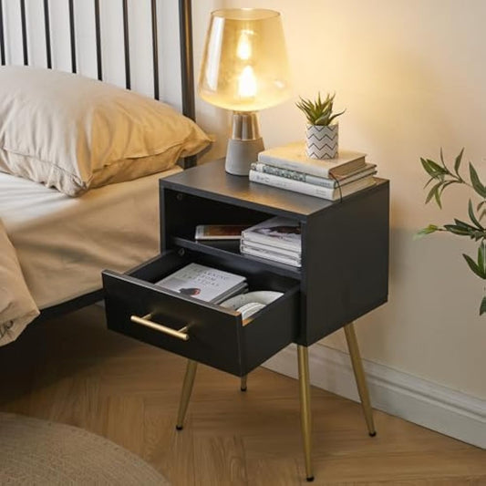 IBUYKE Nightstand, Mid-Century Modern Bedside Table with Legs, Minimalist and Practical End Side Table with 2 Tiers Storage Space, for Bedroom, Living Room, Black WNS004B