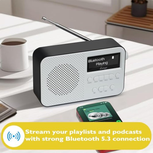 DAB Radio with Bluetooth | Digital Radios Mains and Battery | Rechargeable Battery 15HR Playback | Alarm Clock | FM Radio,40 Presets,Headphone Jack | Bluetooth 5.3 I LEMEGA PR2-Max Black