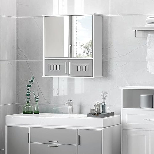 kleankin Bathroom Mirror Cabinet, Wall Mounted Storage Cupboard with Double Doors and Adjustable Shelf, Bathroom Organizer, Grey