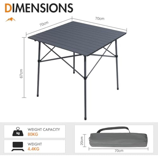 Portal Aluminium Folding Camping Table 70x70cm Square Roll Up Top 4 Person Compact Garden Table with Carry Bag for Picnic Camp Backyard BBQ